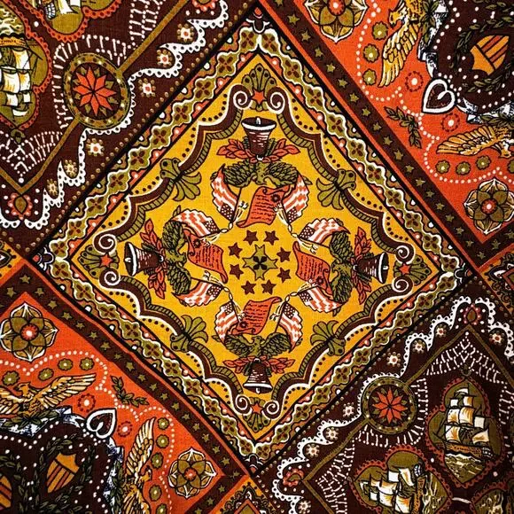 Handmade Vintage 1970s 86" Round Tablecloth Patriotic Americana Ships Eagles - Picture 6 of 9